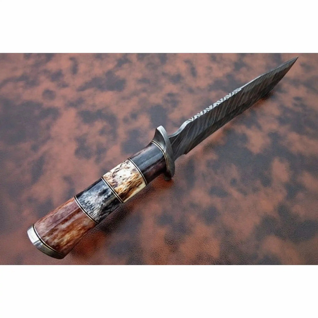 Handmade Damascus Frontier Bowie Knife, Coffin Style Stacked  and Wood Handle, Nickel Silver Guard, Clip Point, JW SteelCrafts