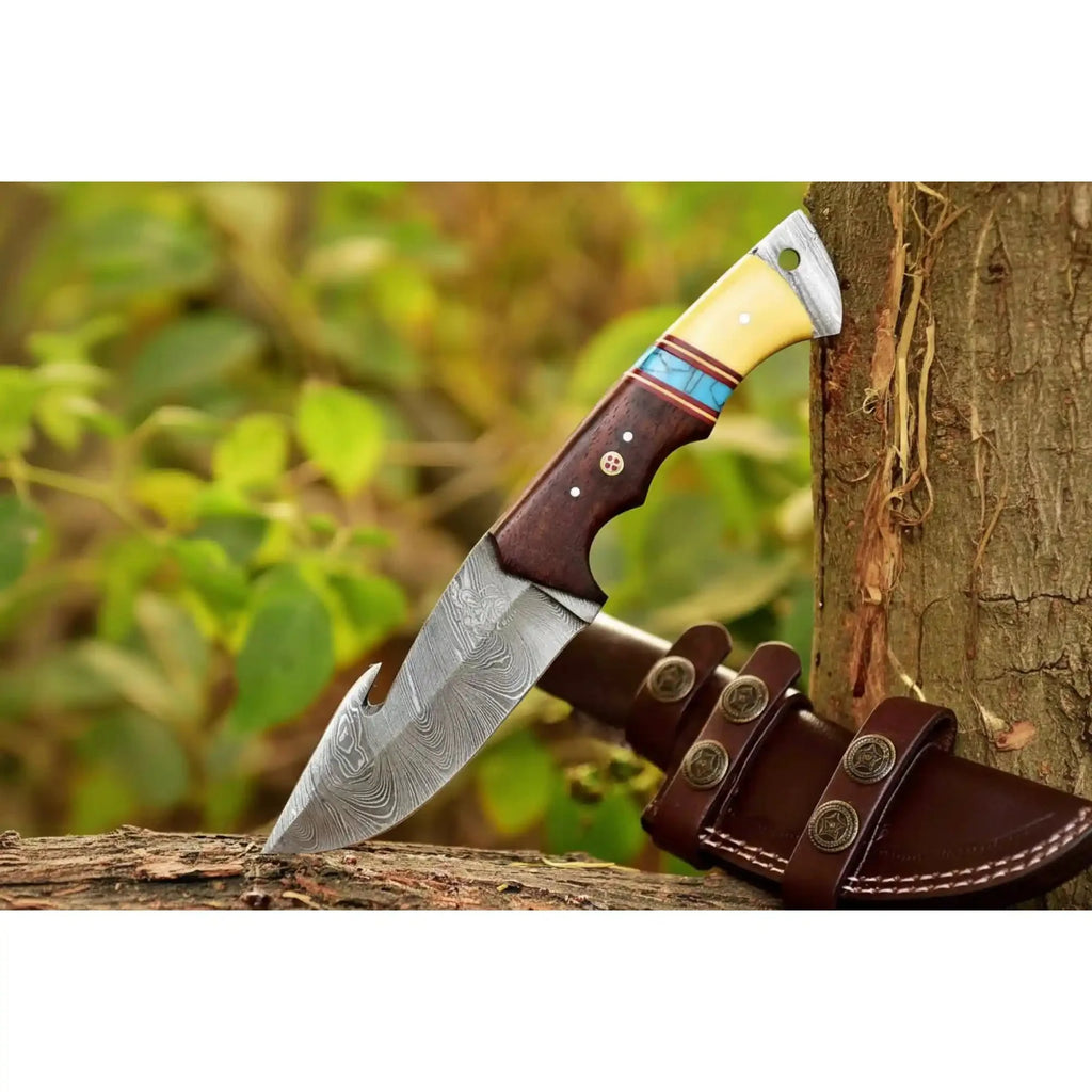 Handmade Damascus Gut Hook Hunting Knife Bone and Rosewood Handle with Leather Sheath