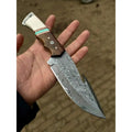 Handmade Damascus Gut Hook Hunting Knife Bone and Rosewood Handle with Leather Sheath