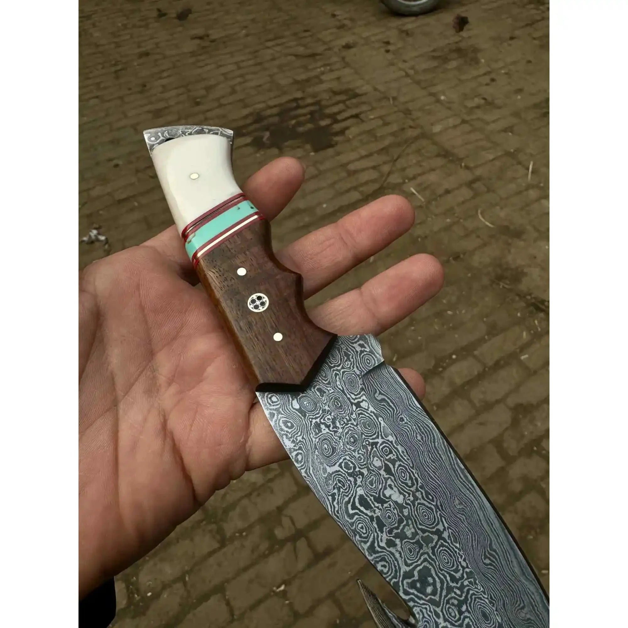 Handmade Damascus Gut Hook Hunting Knife Bone and Rosewood Handle with Leather Sheath