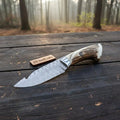 Handmade Damascus Gut Hook Skinner Knife With Deer Horn Handle