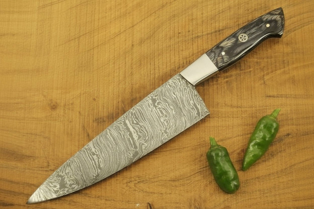Handmade Damascus Gyuto Chef Knife, Full Tang Japanese Kitchen Knife with Steel Bolster and Grey Wood Handle, Forged Damascus Steel Cooking Knife, JW SteelCrafts
