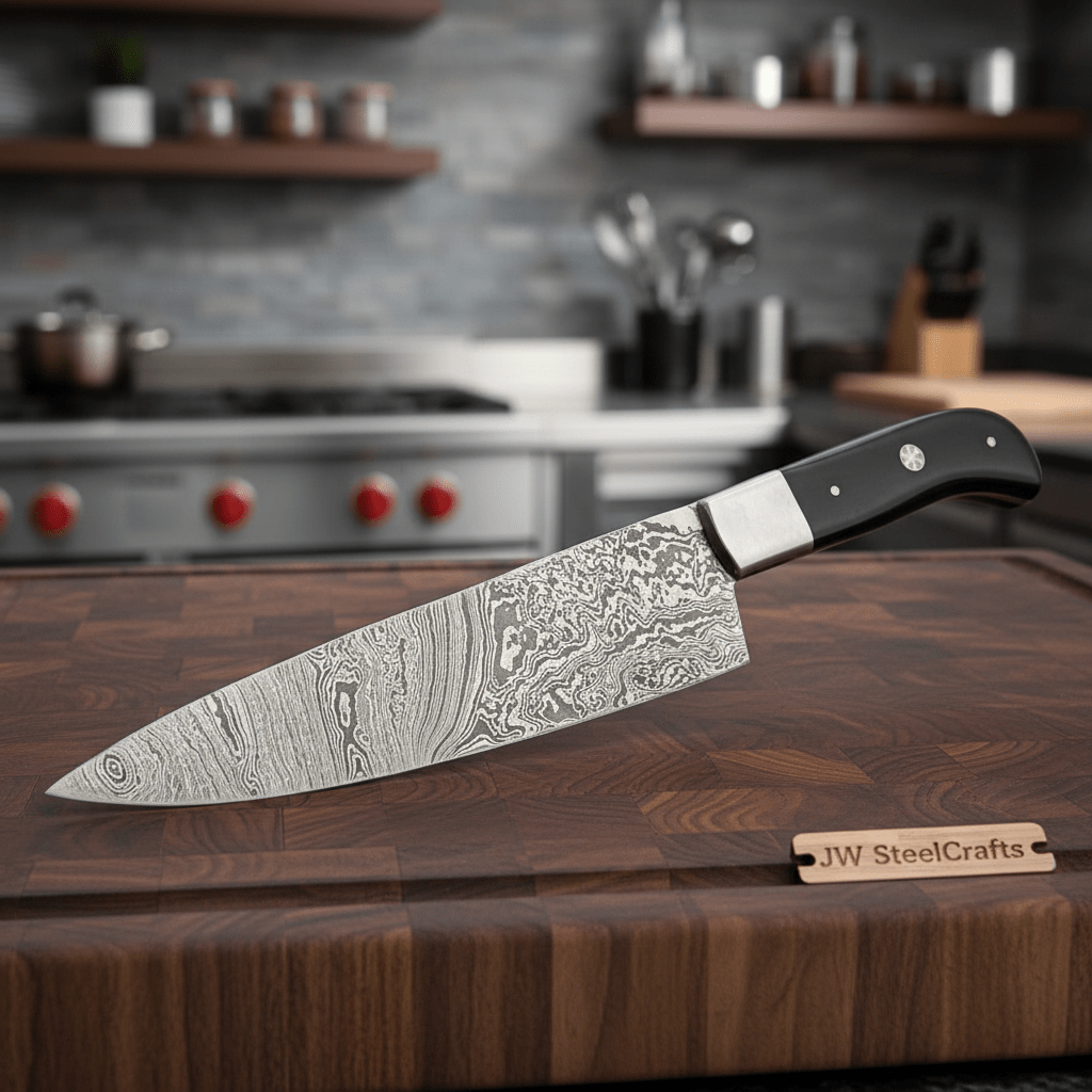 Handmade Damascus Gyuto Knife, Black Resin Handle, Japanese Chef Blade, Forged Damascus Steel Kitchen Knife, JW SteelCrafts