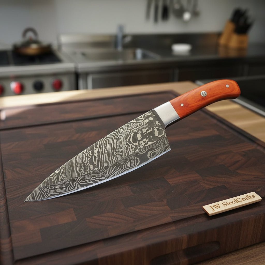 Handmade Damascus Gyuto Knife, Orange Wood Handle Japanese Kitchen Knife, Forged Damascus Steel Chef Gyuto, Professional Cooking Knife, JW SteelCrafts