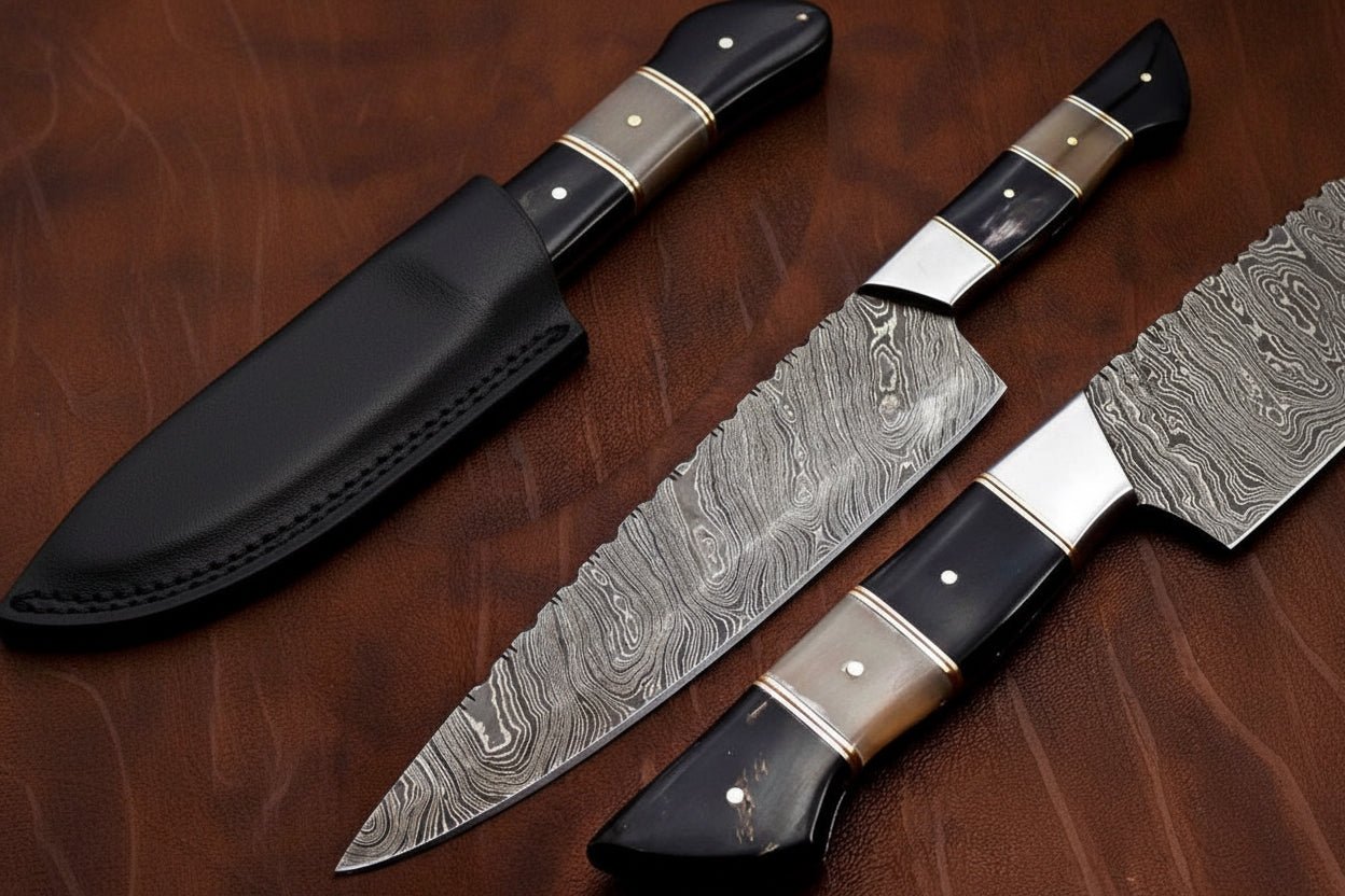 Handmade Damascus Kiritsuke Chef Knife, Full Tang Japanese Kitchen Knife with Raindrop Pattern Blade, Red and Black Pakka Wood and Rosewood Handle, Professional Cooking