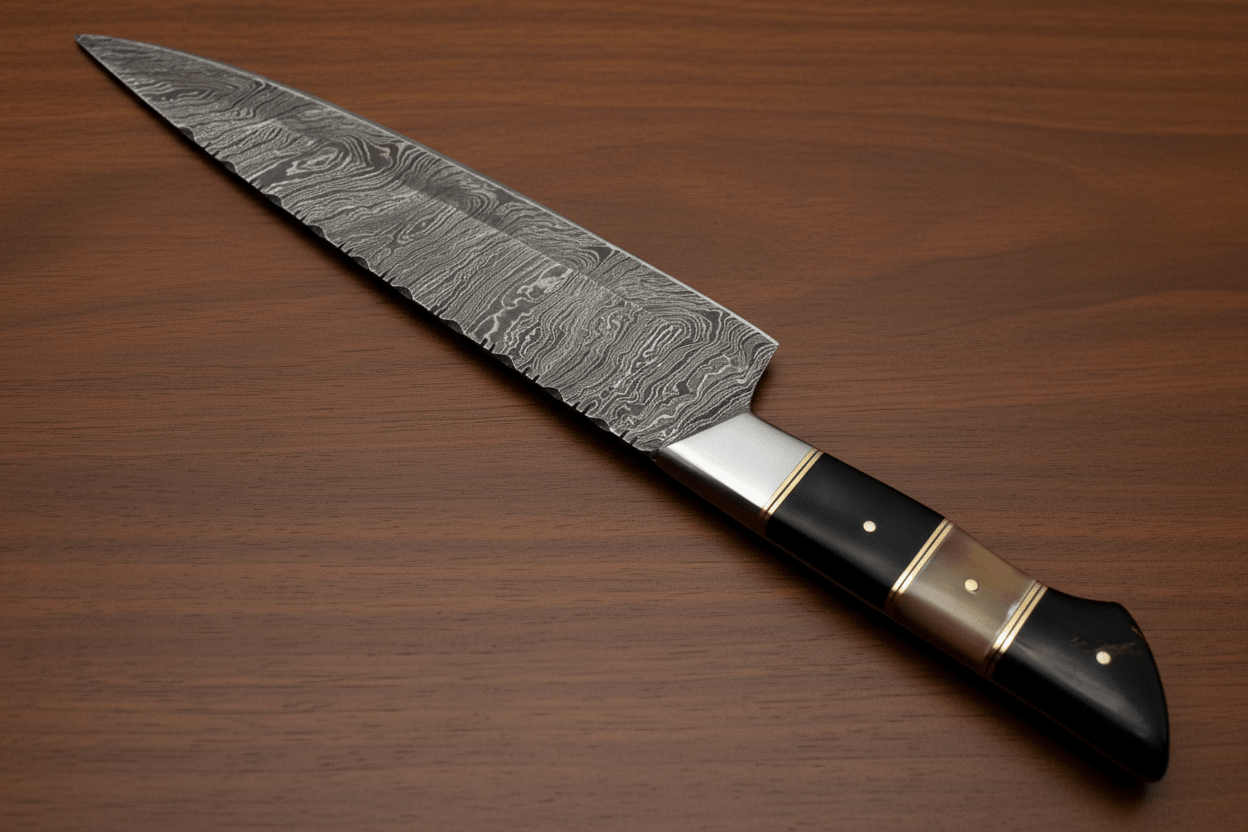 Handmade Damascus Kiritsuke Chef Knife, Full Tang Japanese Kitchen Knife with Raindrop Pattern Blade, Red and Black Pakka Wood and Rosewood Handle, Professional Cooking