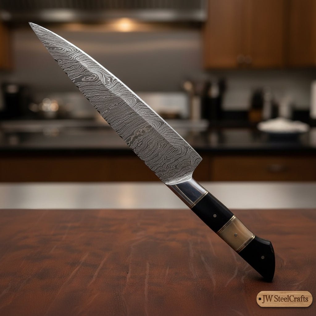 Handmade Damascus Kiritsuke Chef Knife, Full Tang Japanese Kitchen Knife with Raindrop Pattern Blade, Red and Black Pakka Wood and Rosewood Handle, Professional Cooking