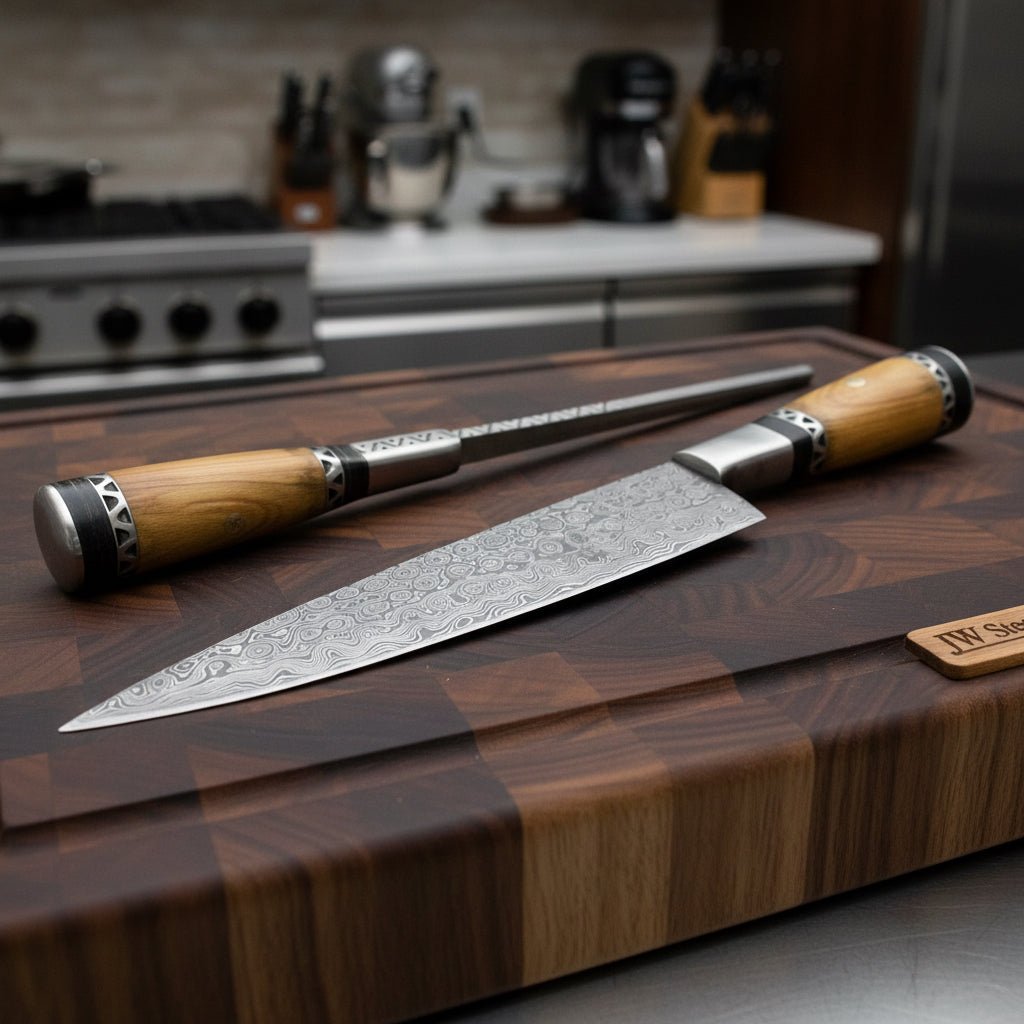 Handmade Damascus Kiritsuke Chef Knife, Full Tang Japanese Kitchen Knife with Raindrop Pattern Blade, Steel Bolster and Olive Wood Handle, Professional Damascus Cooking Knife