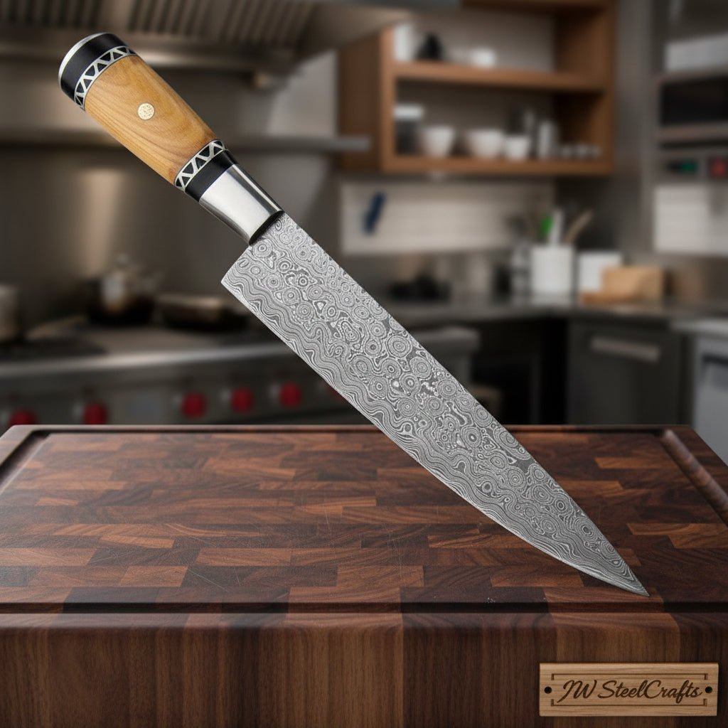 Handmade Damascus Kiritsuke Chef Knife, Full Tang Japanese Kitchen Knife with Raindrop Pattern Blade, Steel Bolster and Olive Wood Handle, Professional Damascus Cooking Knife