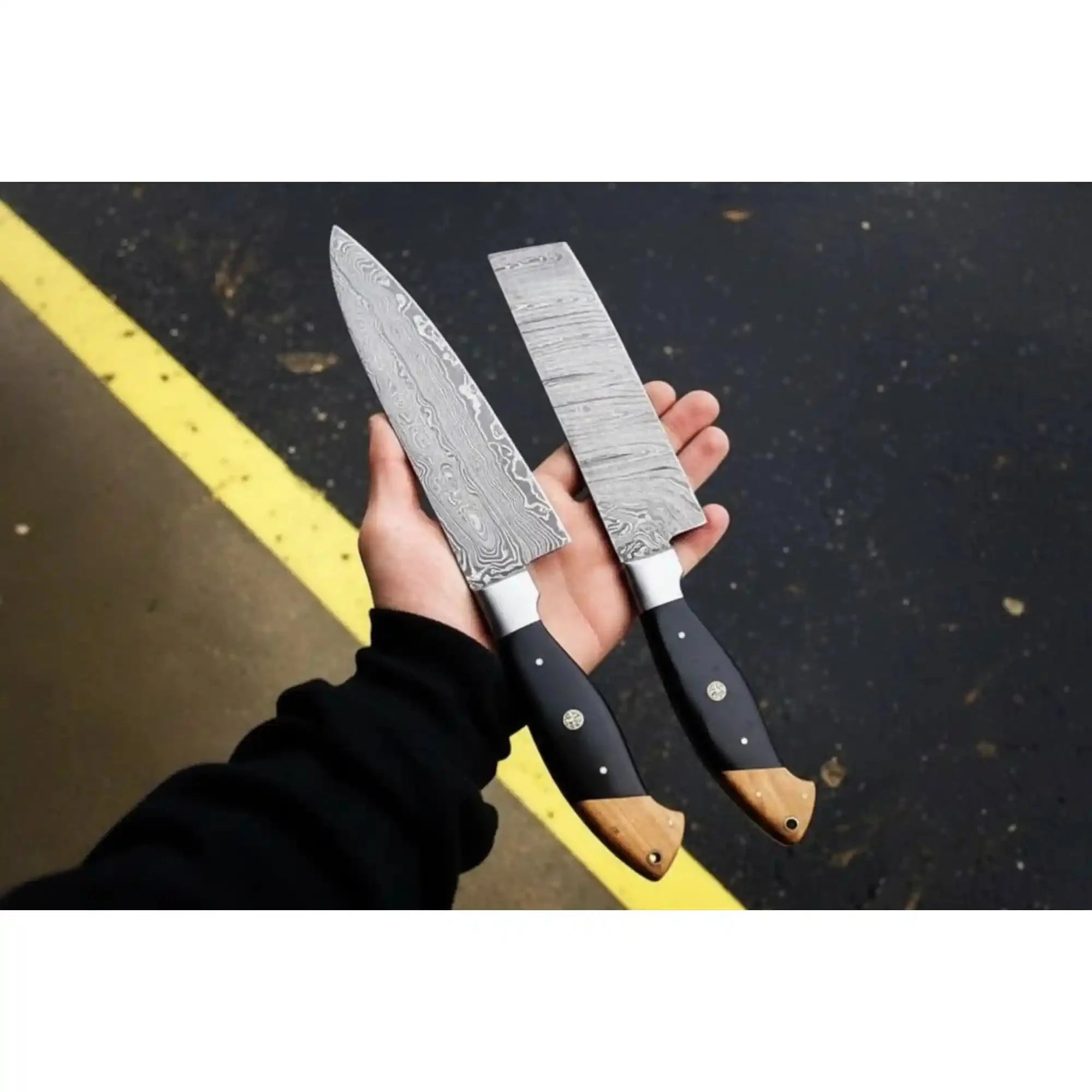 Handmade Damascus Kitchen Duo Set – Western Chef Knife & Chinese Cleaver, Olive/Black Pakka Wood, Full Tang