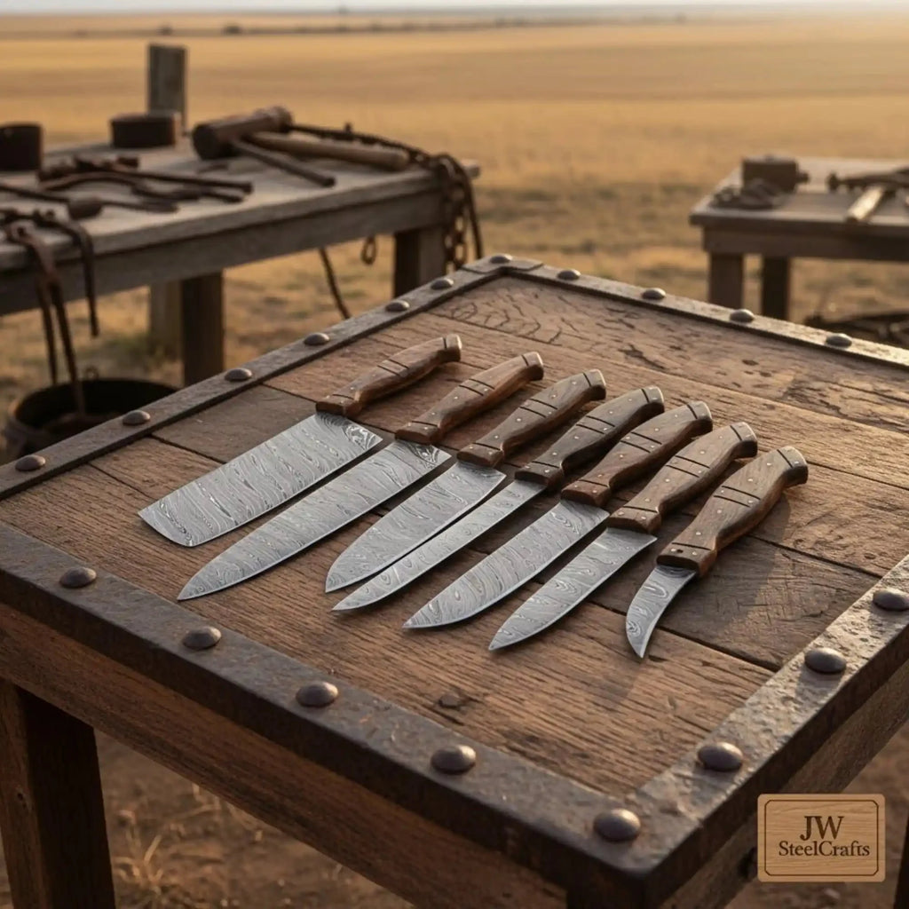 Handmade Damascus Kitchen Knife Set 7 Piece Chef Santoku Nakiri Cleaver Bread Fillet Boning and Paring Knives Rose Wood Handle Professional Cooking Set JW SteelCrafts