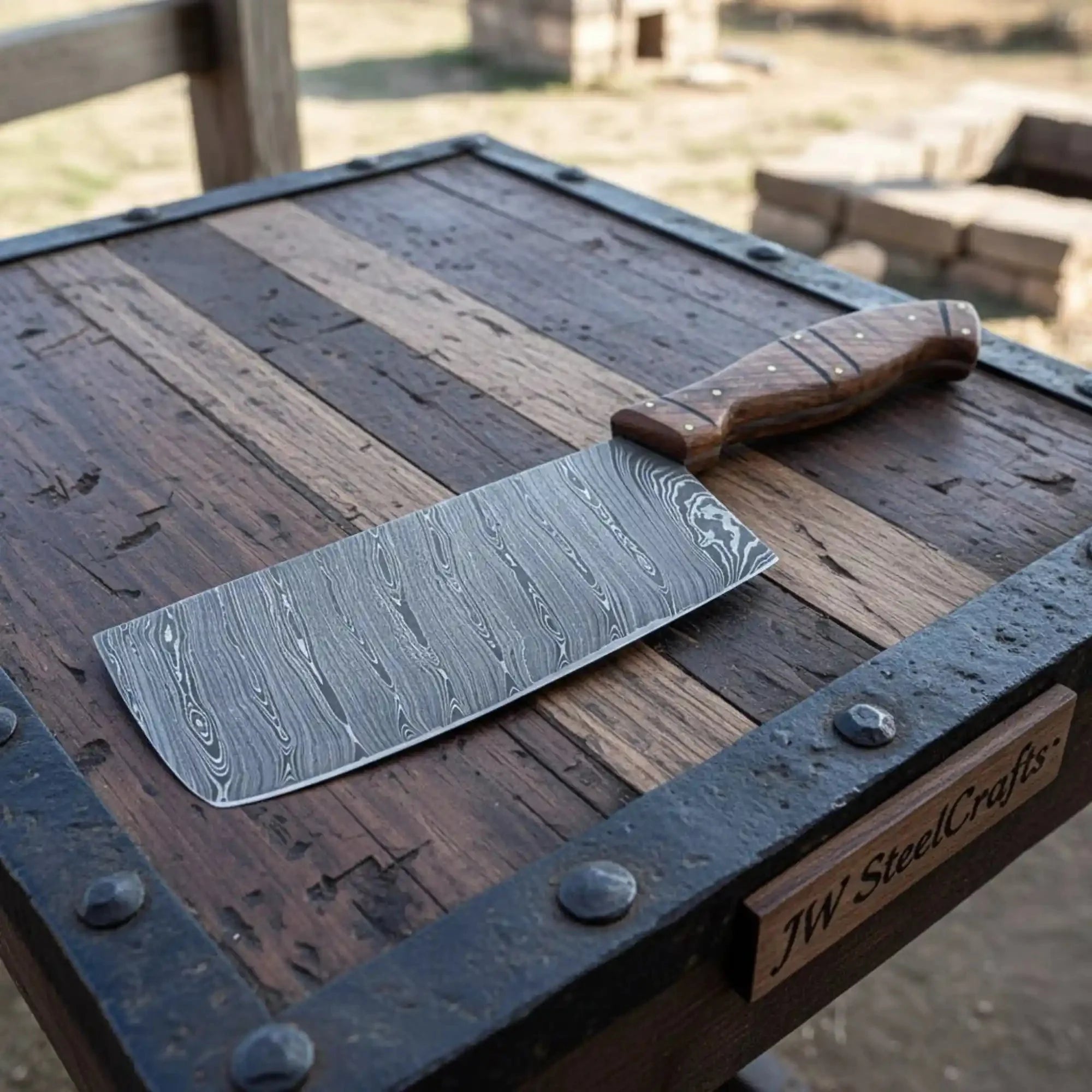 Handmade Damascus Kitchen Knife Set 7 Piece Chef Santoku Nakiri Cleaver Bread Fillet Boning and Paring Knives Rose Wood Handle Professional Cooking Set JW SteelCrafts