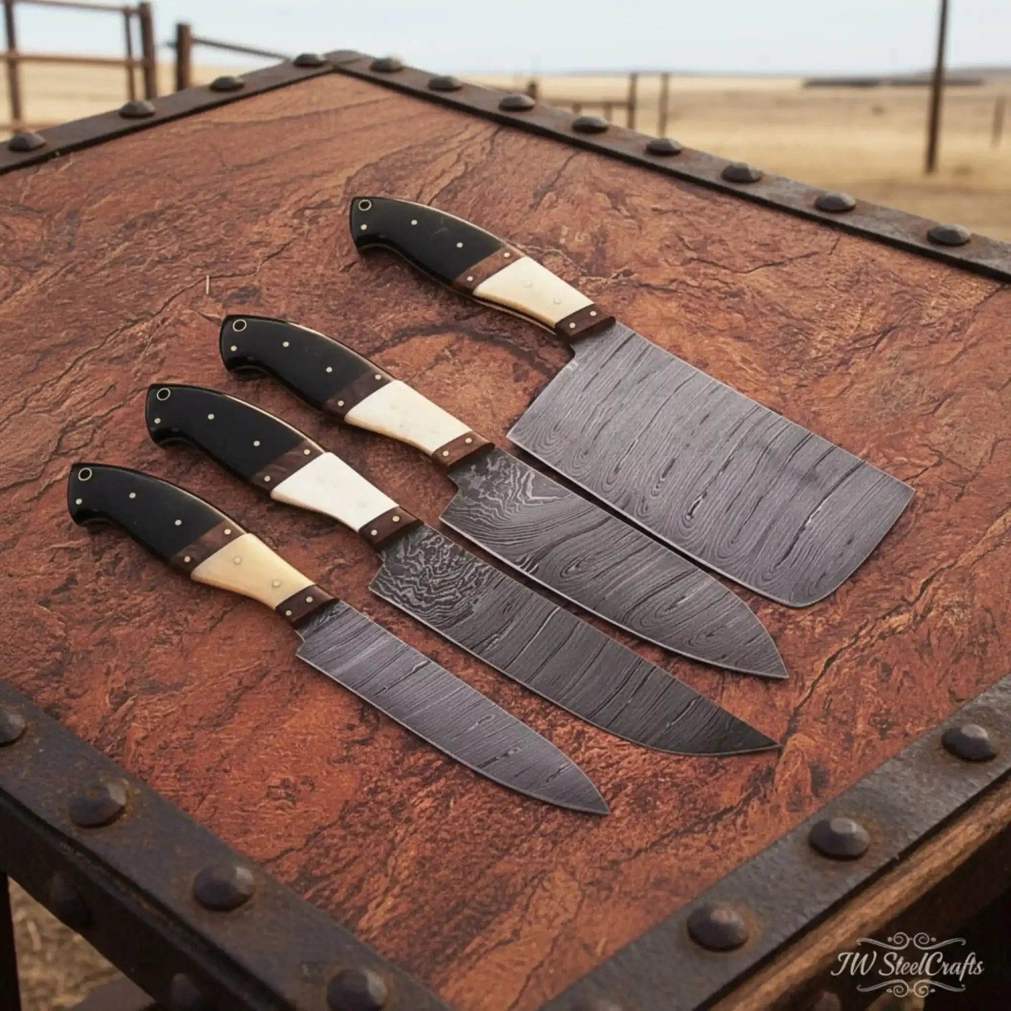 Handmade Damascus Kitchen Knife Set Black Resin White Bone and Rosewood Handles Chef Santoku Cleaver Utility Knives Full Tang