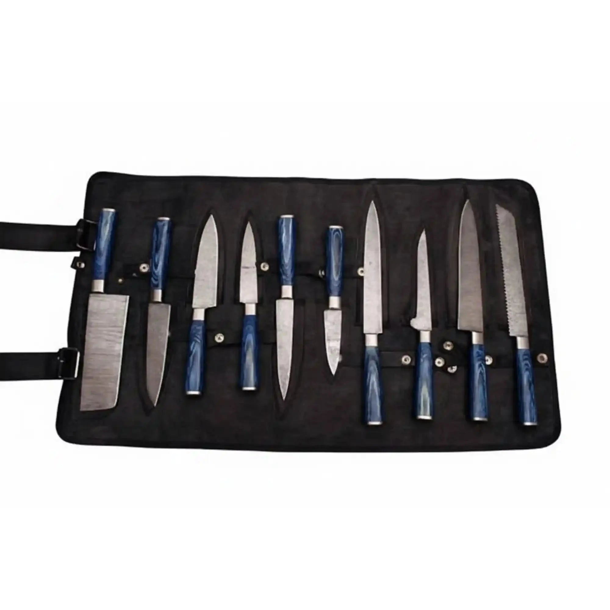 Handmade Damascus Kitchen Knife Set of 10 Blue Wood Handles Chef Santoku Cleaver Bread Utility Knives Full Tang