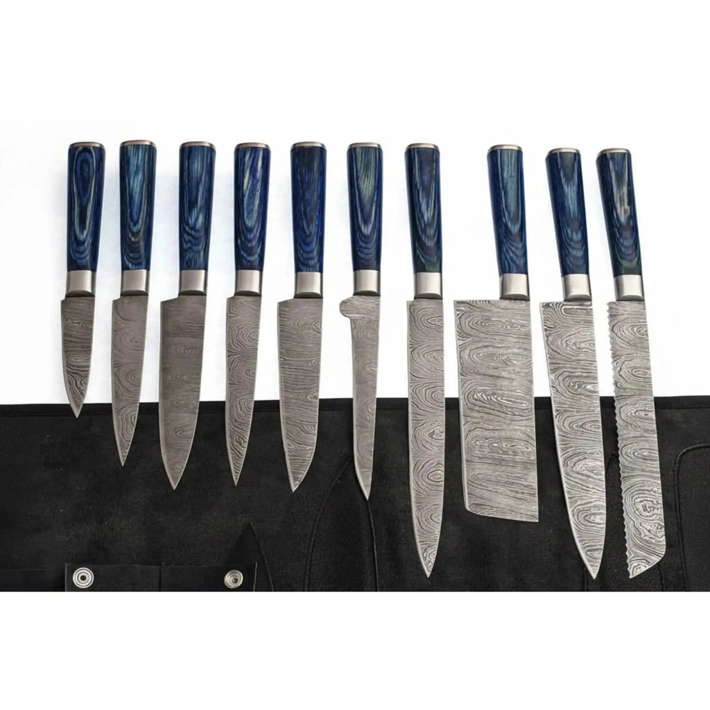 Handmade Damascus Kitchen Knife Set of 10 Blue Wood Handles Chef Santoku Cleaver Bread Utility Knives Full Tang