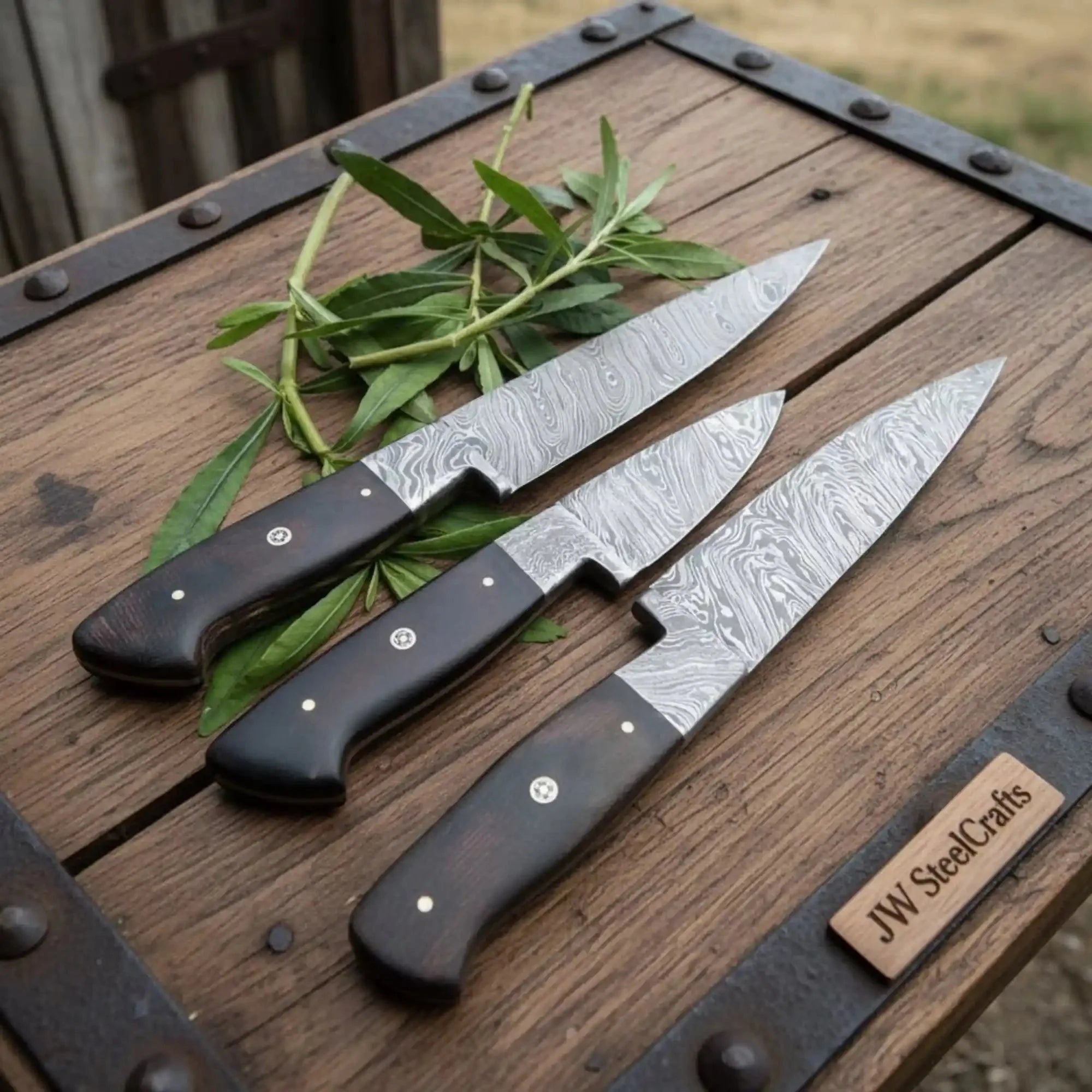 Handmade Damascus Kitchen Knife Set of 3 with Black Micarta Handles, Chef Utility and Paring Knives, Full Tang Twisted Pattern Steel, Professional Cooking Knife Set