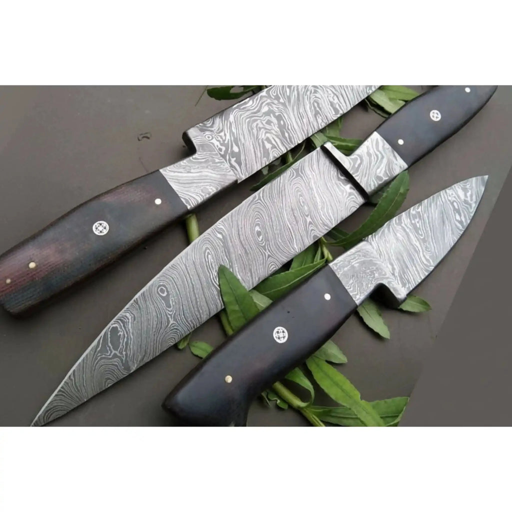 Handmade Damascus Kitchen Knife Set of 3 with Black Micarta Handles, Chef Utility and Paring Knives, Full Tang Twisted Pattern Steel, Professional Cooking Knife Set