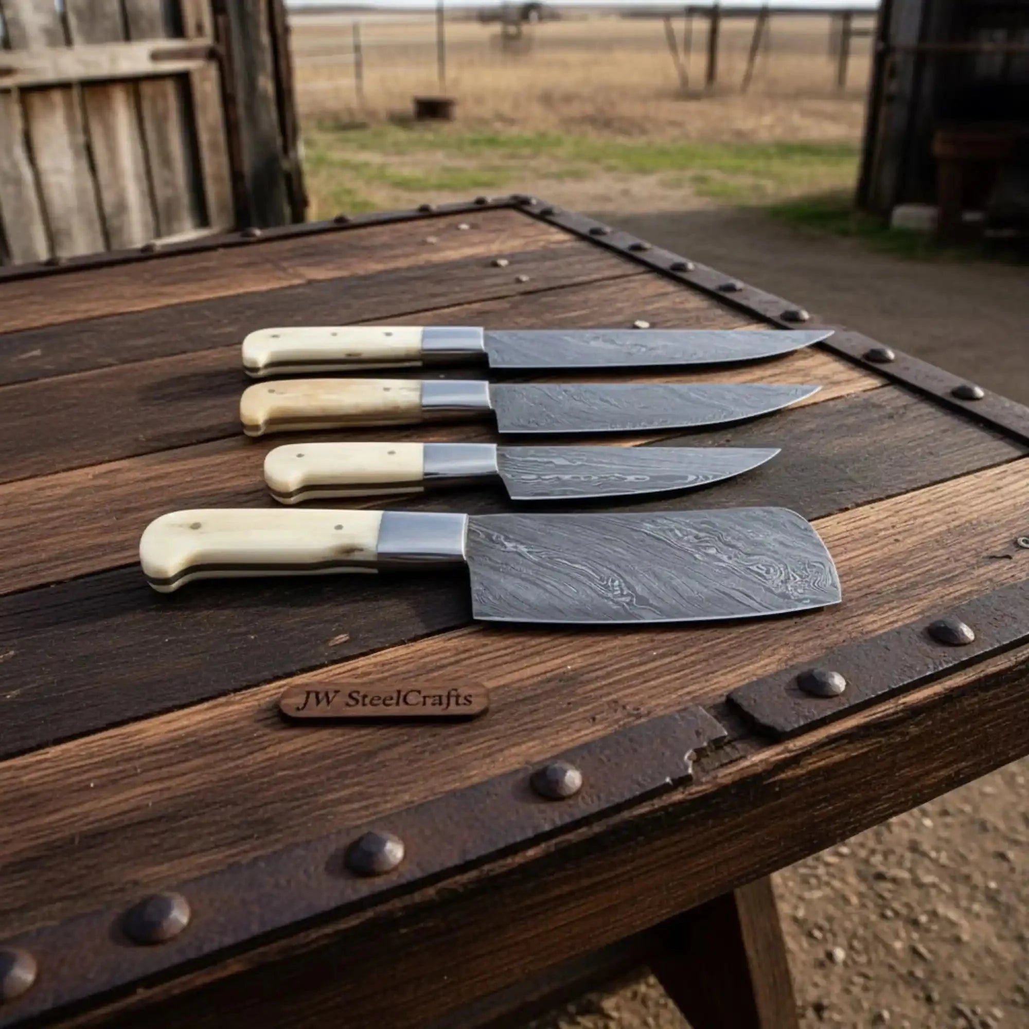 Handmade Damascus Kitchen Knife Set of 4, White Bone Handle Chef Knife Collection, Full Tang Forged Damascus Steel Cooking Knife Set, Custom Culinary Gift Set