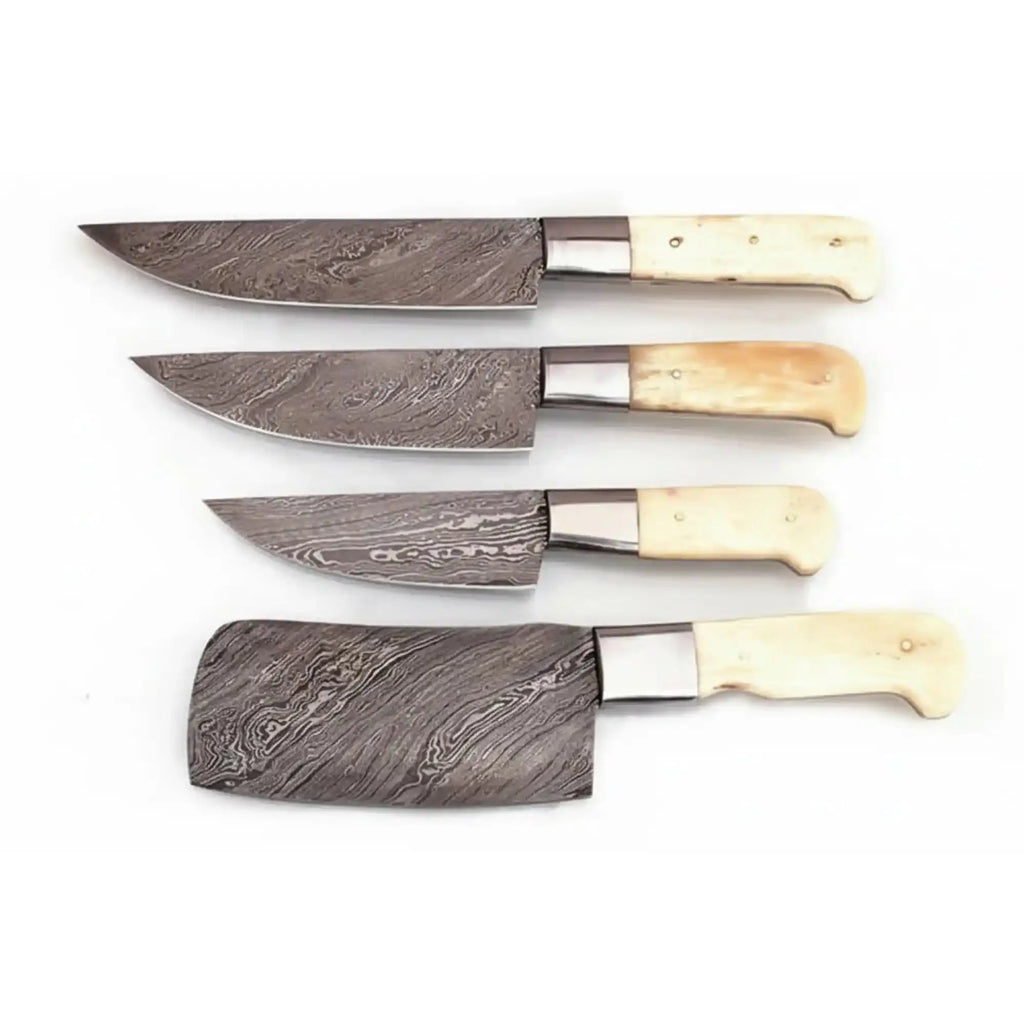 Handmade Damascus Kitchen Knife Set of 4, White Bone Handle Chef Knife Collection, Full Tang Forged Damascus Steel Cooking Knife Set, Custom Culinary Gift Set