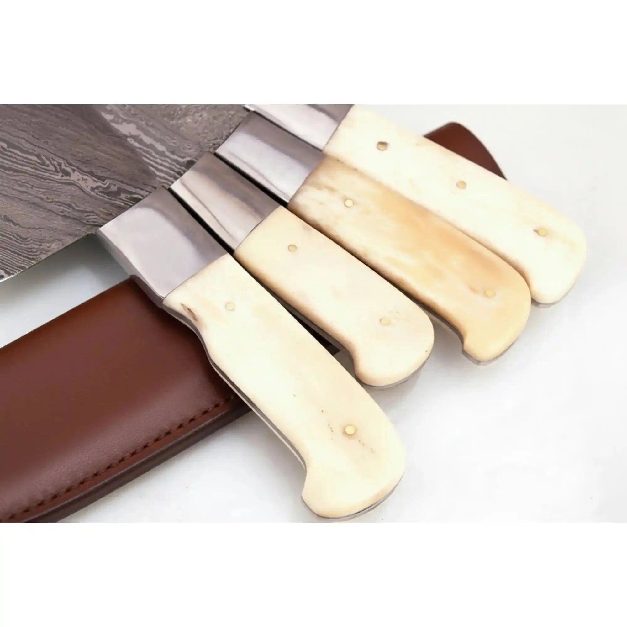 Handmade Damascus Kitchen Knife Set of 4, White Bone Handle Chef Knife Collection, Full Tang Forged Damascus Steel Cooking Knife Set, Custom Culinary Gift Set