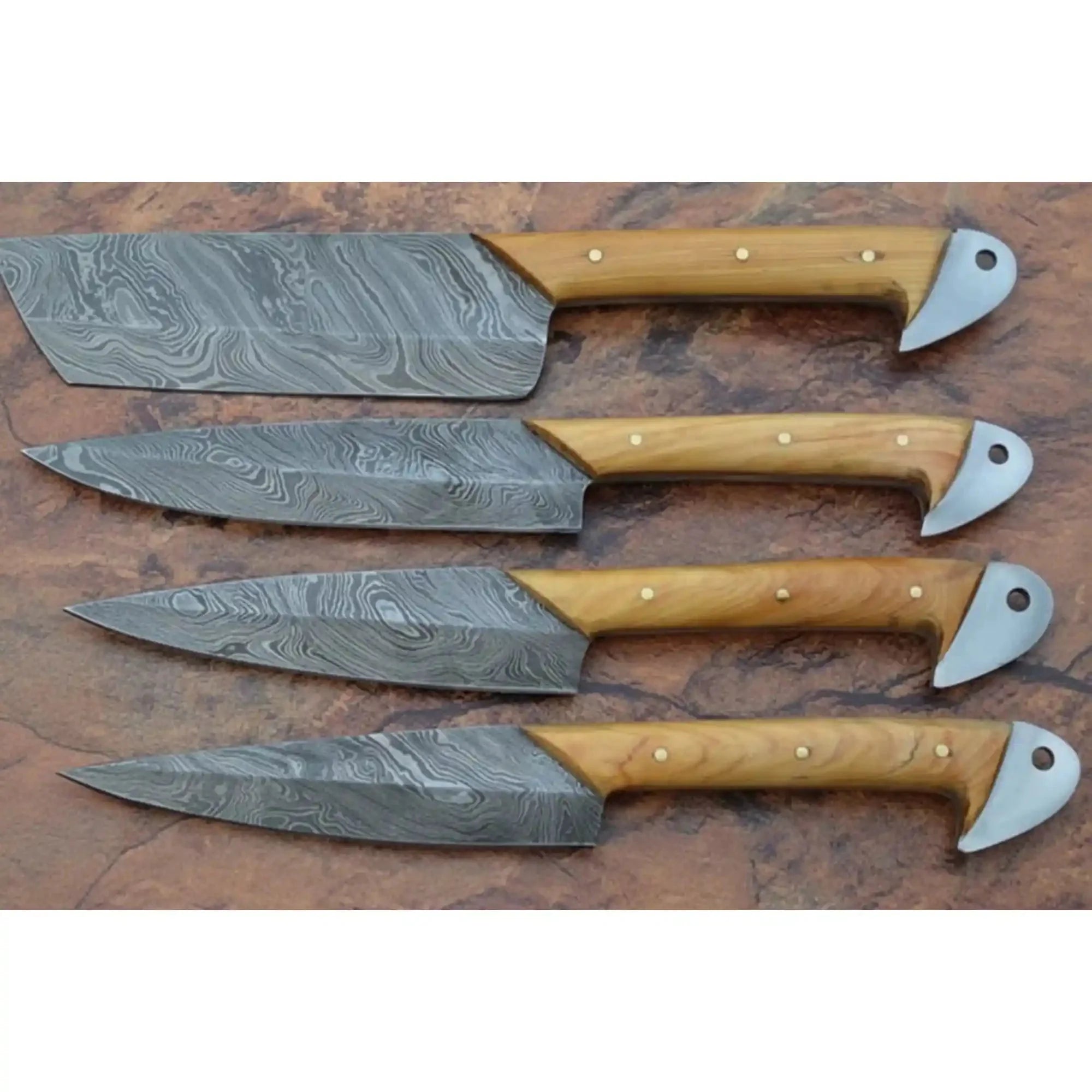 Handmade Damascus Kitchen Knife Set of 4 with Natural Wood Handles, Full Tang Chef, Cleaver, Slicing and Utility Knives, Forged Damascus Steel Culinary Collection JW SteelCrafts