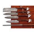 Handmade Damascus Kitchen Knife Set of 4 with Rosewood Handles, Chef Santoku Utility Cleaver Knives, Full Tang Twisted Pattern, Leather Roll and Sharpening Rod Included