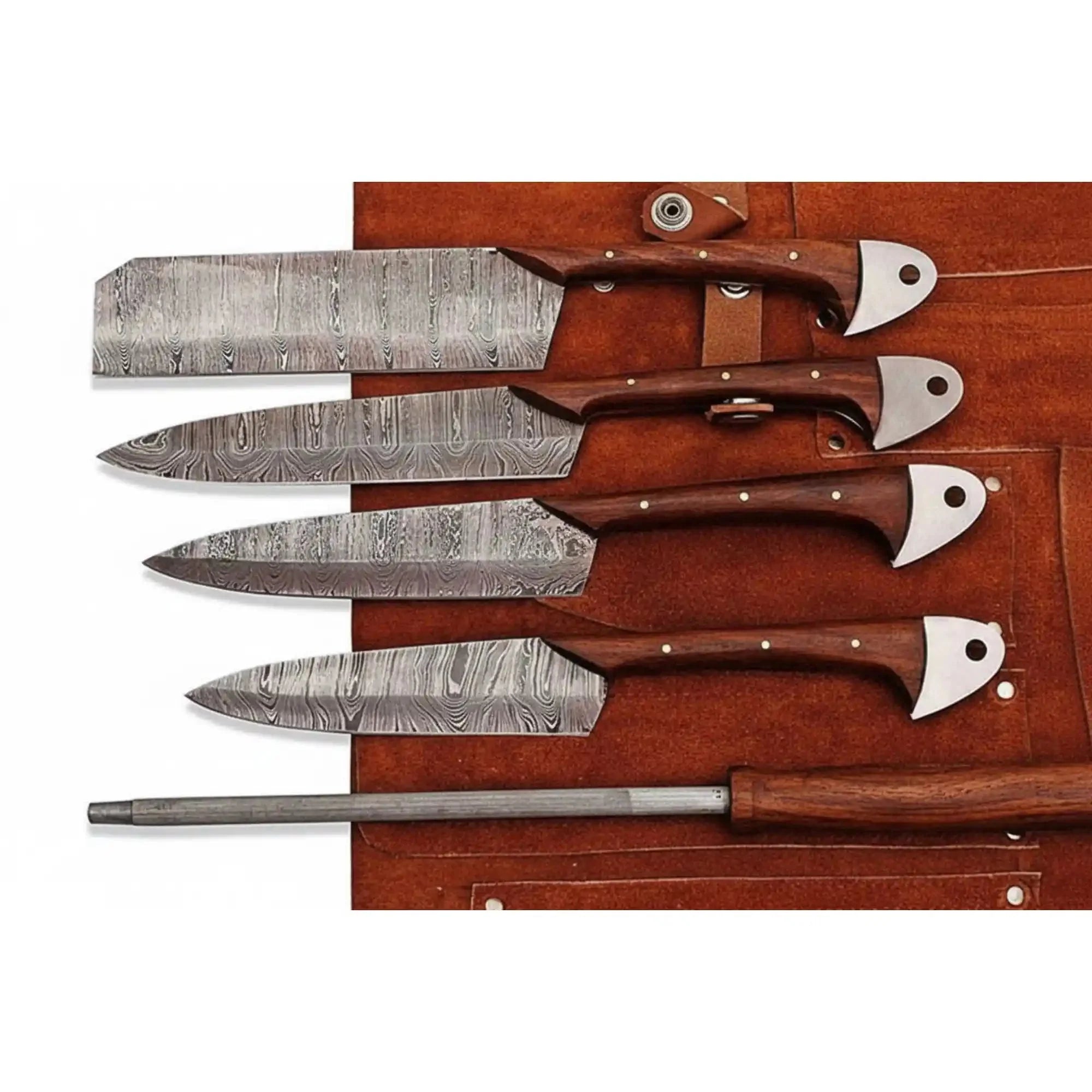 Handmade Damascus Kitchen Knife Set of 4 with Rosewood Handles, Chef Santoku Utility Cleaver Knives, Full Tang Twisted Pattern, Leather Roll and Sharpening Rod Included