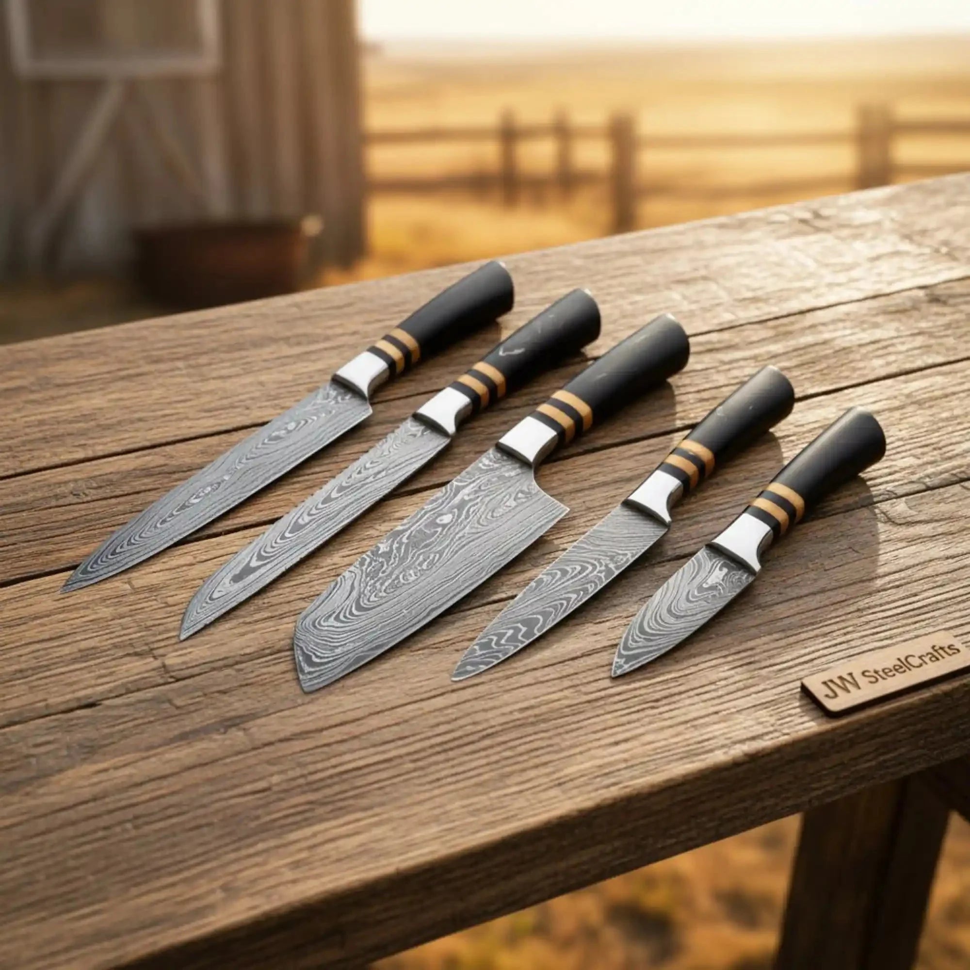 Handmade Damascus Kitchen Knife Set of 5, Carving Knife, Slicing Knife, Santoku Knife, Utility Knife and Paring Knife, Black Handle Chef Knife Set