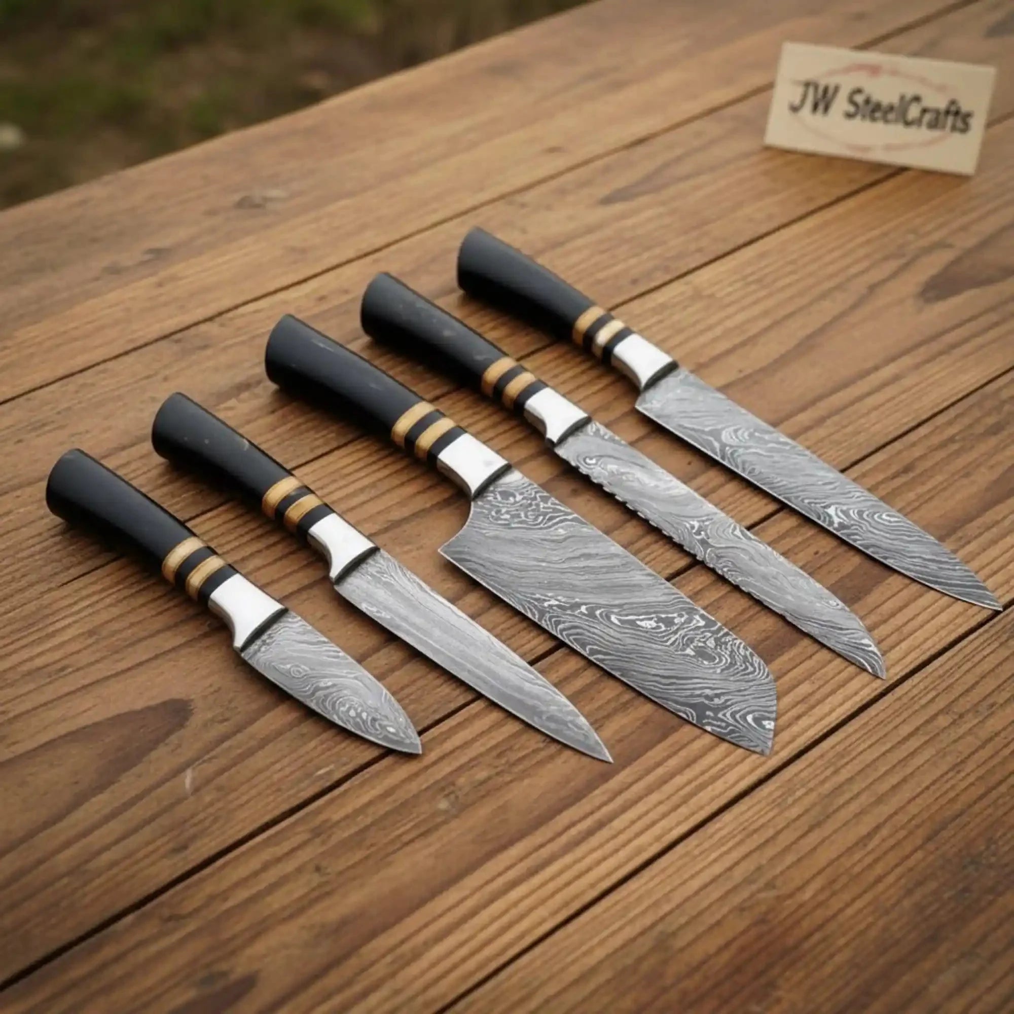 Handmade Damascus Kitchen Knife Set of 5, Carving Knife, Slicing Knife, Santoku Knife, Utility Knife and Paring Knife, Black Handle Chef Knife Set