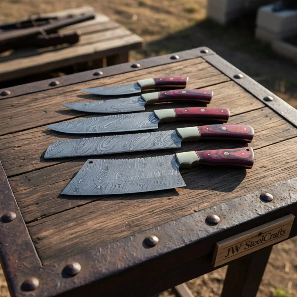 Handmade Damascus Kitchen Knife Set of 5 with Red Pakka Wood Handles and Brass Bolsters, Chef Santoku Utility Bread and Cleaver Knives, Full Tang Twisted Pattern