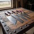 Handmade Damascus Kitchen Knife Set of 5 with Red Pakka Wood Handles and Brass Bolsters, Chef Santoku Utility Bread and Cleaver Knives, Full Tang Twisted Pattern