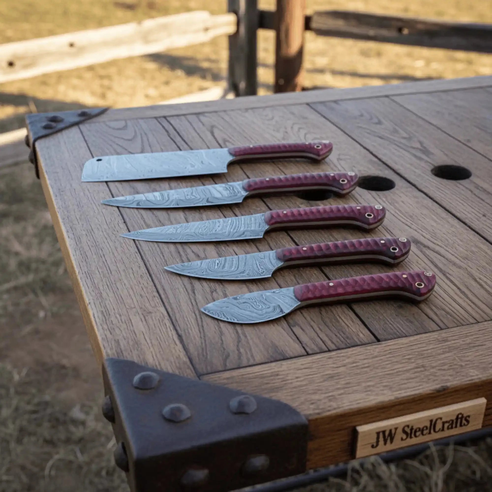 Handmade Damascus Kitchen Knife Set of 6, Full Tang Chef, Santoku, Utility, Boning and Cleaver Knives, Red Wood Handle Culinary Knife Collection
