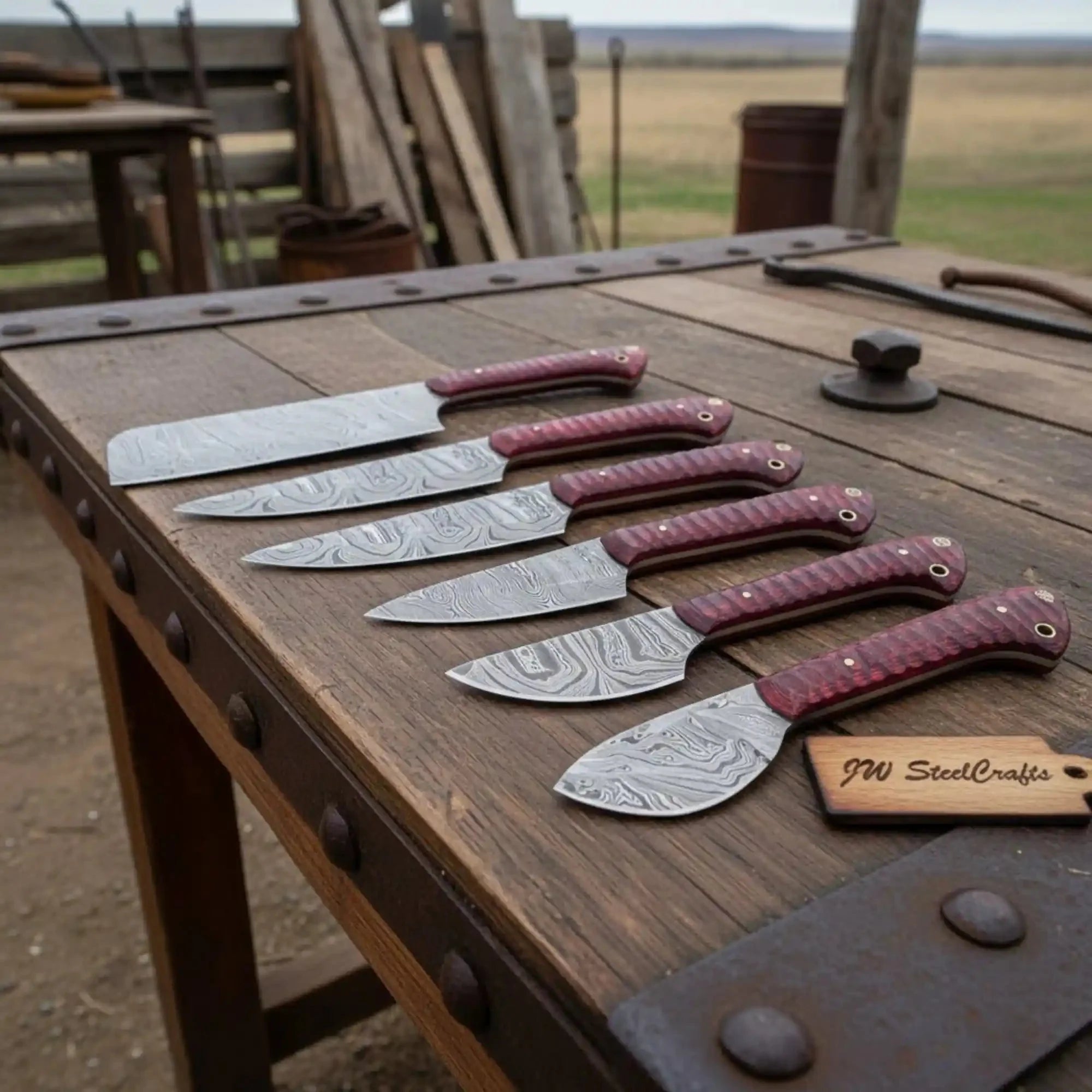 Handmade Damascus Kitchen Knife Set of 6, Full Tang Chef, Santoku, Utility, Boning and Cleaver Knives, Red Wood Handle Culinary Knife Collection