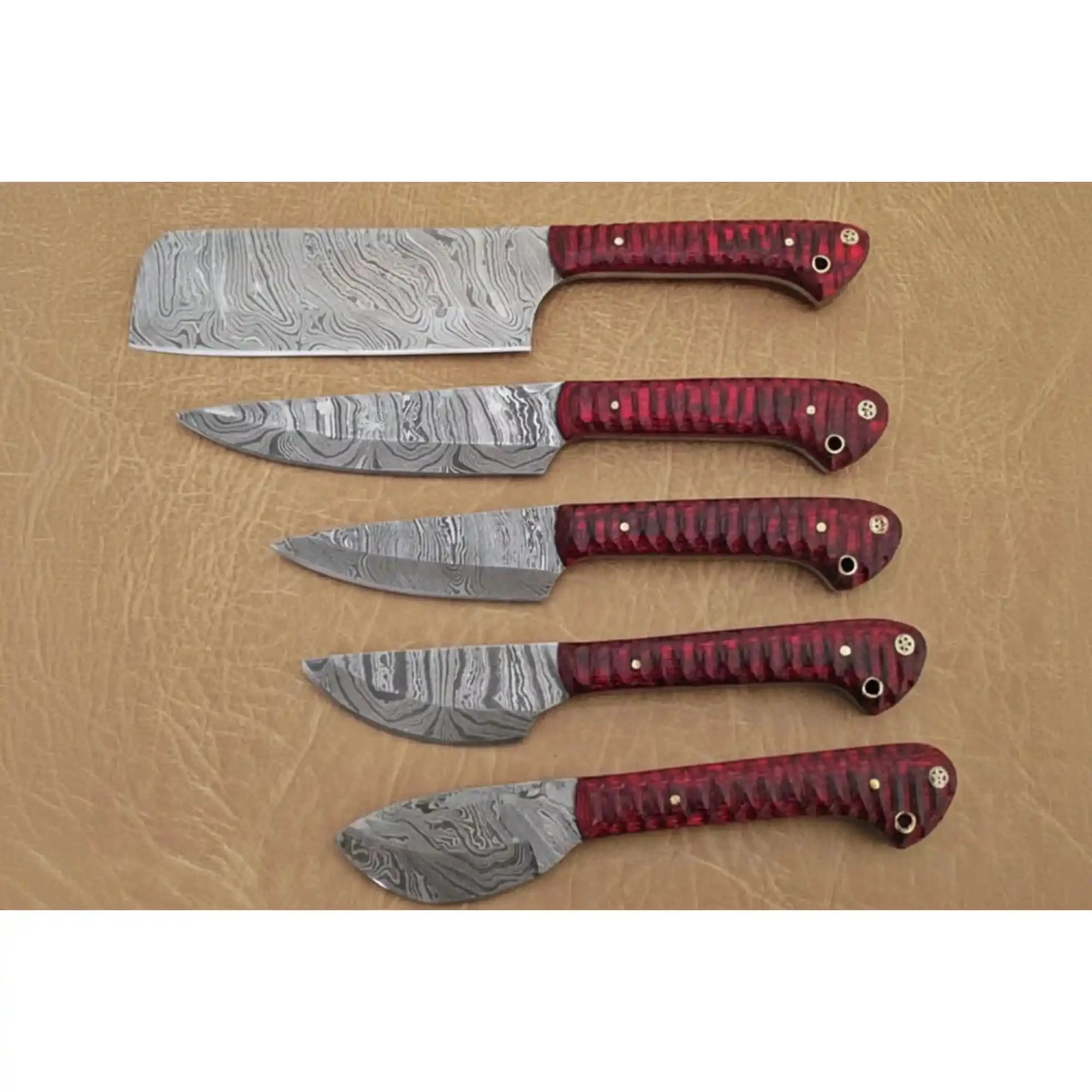 Handmade Damascus Kitchen Knife Set of 6, Full Tang Chef, Santoku, Utility, Boning and Cleaver Knives, Red Wood Handle Culinary Knife Collection