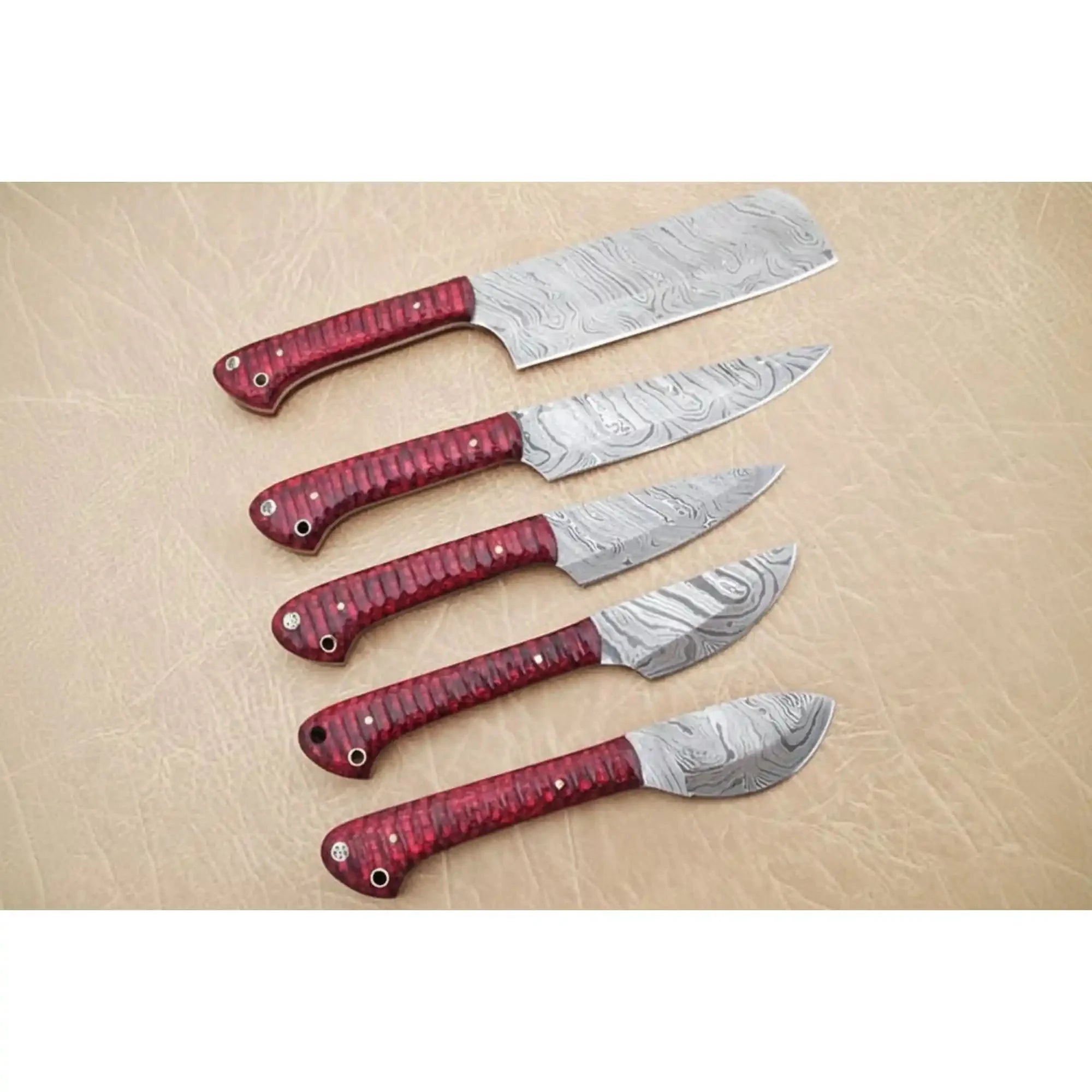 Handmade Damascus Kitchen Knife Set of 6, Full Tang Chef, Santoku, Utility, Boning and Cleaver Knives, Red Wood Handle Culinary Knife Collection