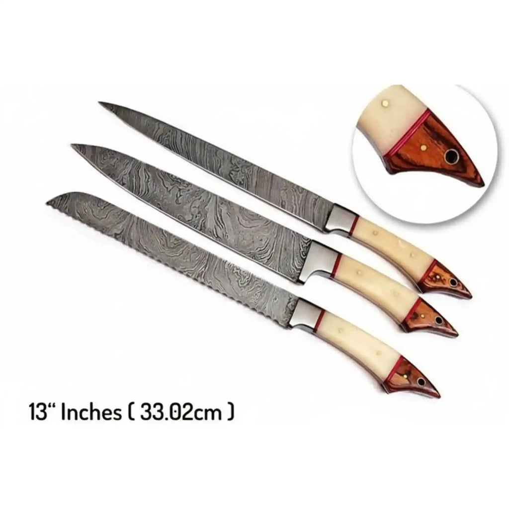 Handmade Damascus Kitchen Knife Set of 6, Full Tang Forged Chef, Bread, Fillet and Utility Knives with White Bone and Red Wood Handles, Leather Roll Kit Included