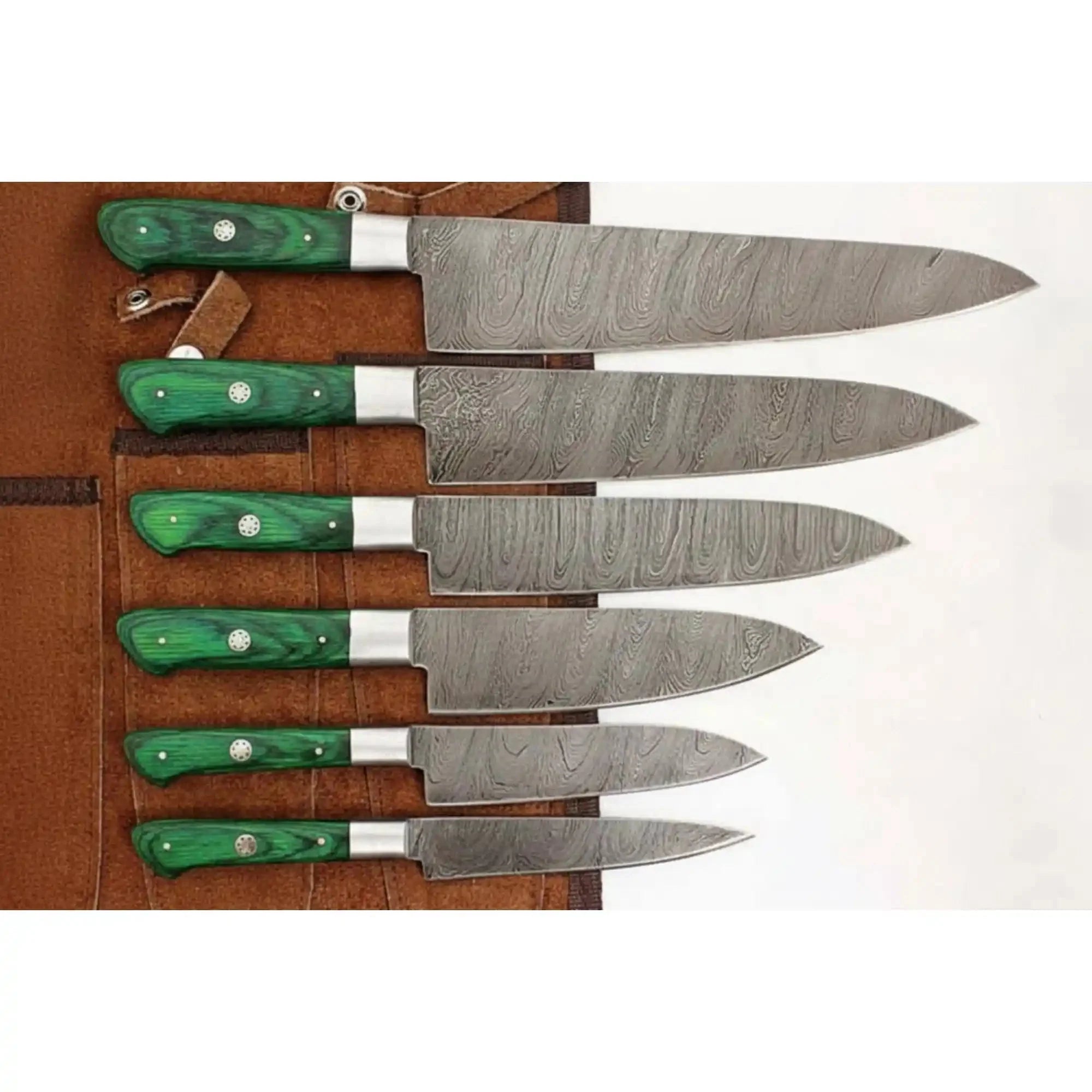 Handmade Damascus Kitchen Knife Set of 6, Green Wood Handle Chef Knife Collection, Full Tang Forged Damascus Steel Culinary Knife Set, Professional Cooking Knife Gift Set