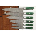 Handmade Damascus Kitchen Knife Set of 6, Green Wood Handle Chef Knife Collection, Full Tang Forged Damascus Steel Culinary Knife Set, Professional Cooking Knife Gift Set
