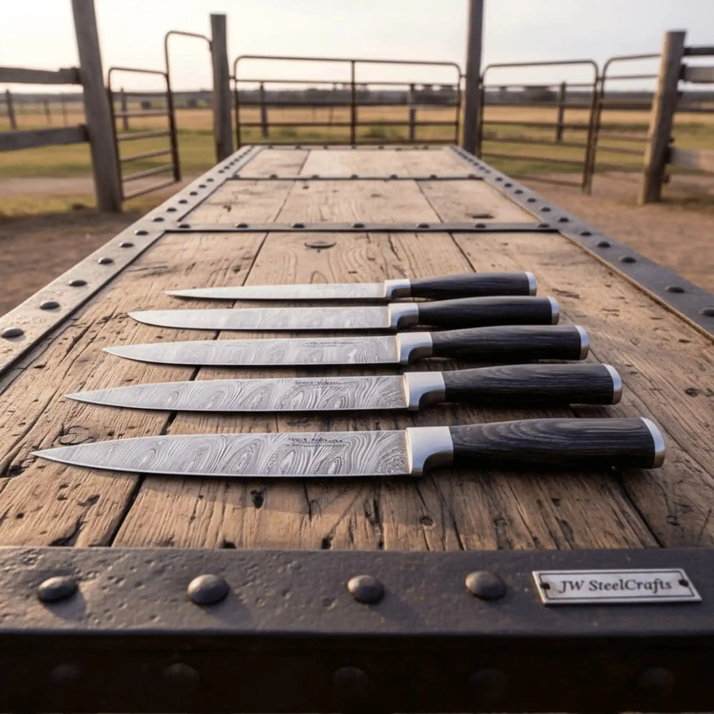 Handmade Damascus Kitchen Knife Set of 6 with Black Wood Handles, Full Tang Chef, Bread, Utility and Slicing Knives, Professional Culinary Collection