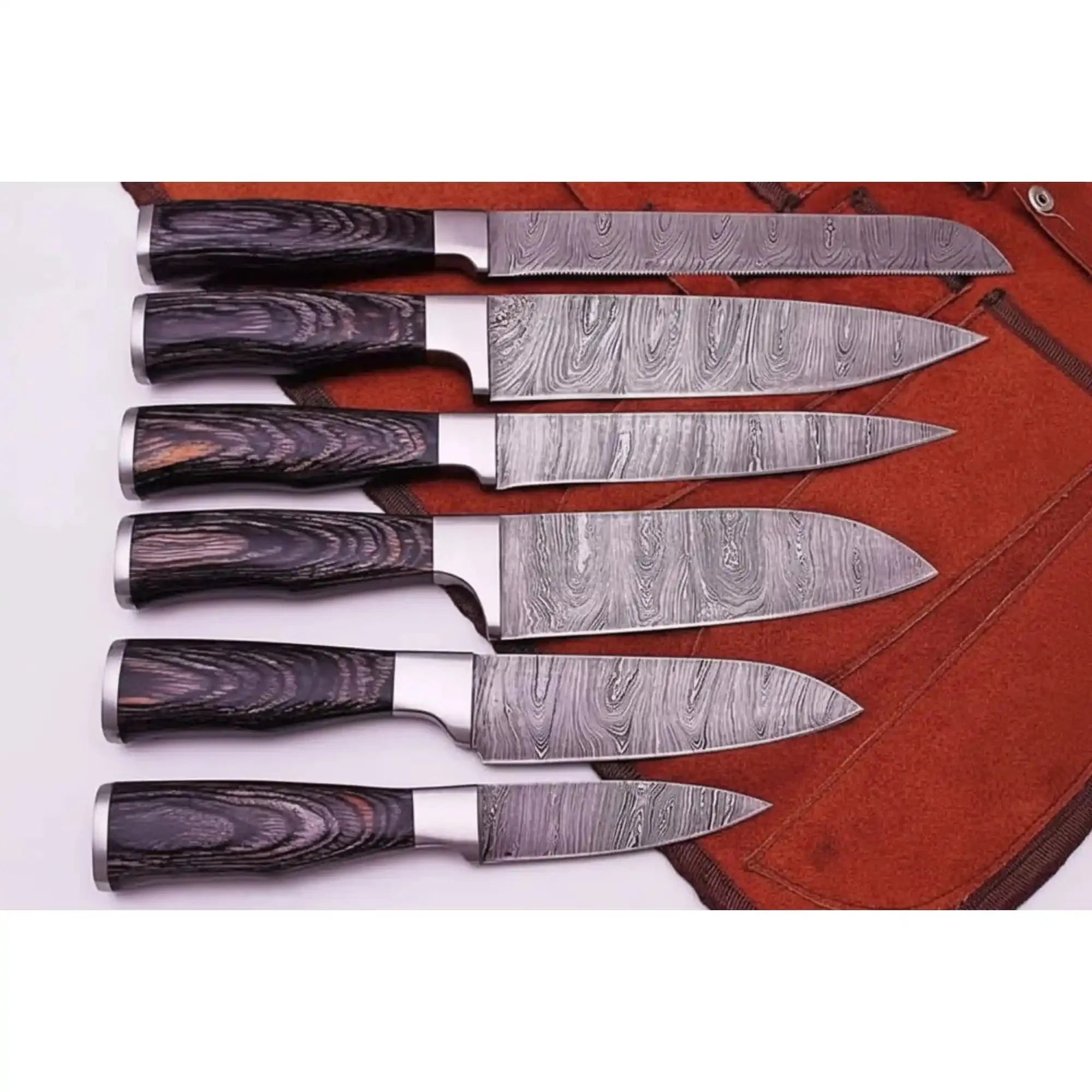 Handmade Damascus Kitchen Knife Set of 6 with Black Wood Handles, Full Tang Chef, Bread, Utility and Slicing Knives, Professional Culinary Collection