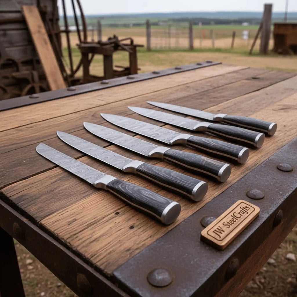Handmade Damascus Kitchen Knife Set of 6 with Black Wood Handles, Full Tang Chef, Bread, Utility and Slicing Knives, Professional Culinary Collection