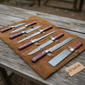 Handmade Damascus Kitchen Knife Set of 7, Cleaver, Bread Knife, Gyuto Chef Knife, Carving, Boning, Utility and Skinning Knives, Red Pakka Wood Handle, Leather Roll Included