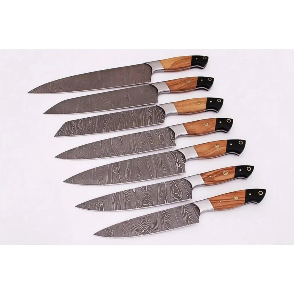 Handmade Damascus Kitchen Knife Set of 7, Gyuto Chef, Kiritsuke, Carving, Utility, Boning Knives, Olive Wood and Resin Handle, Full Tang