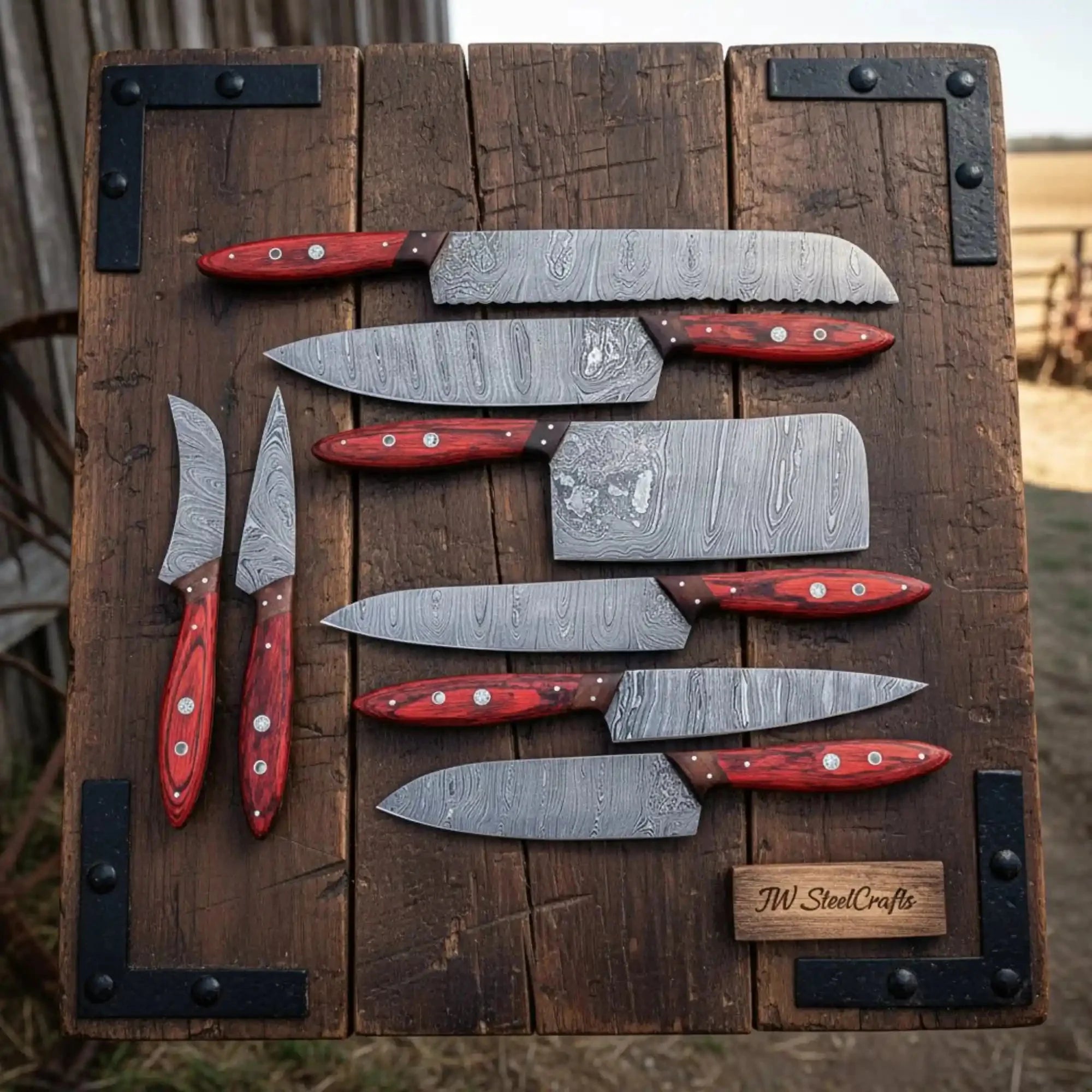 Handmade Damascus Kitchen Knife Set of 8 with Red Pakka Wood Handles, Full Tang Chef Santoku Cleaver Bread Utility and Paring Knives, Forged Damascus Steel JW SteelCrafts