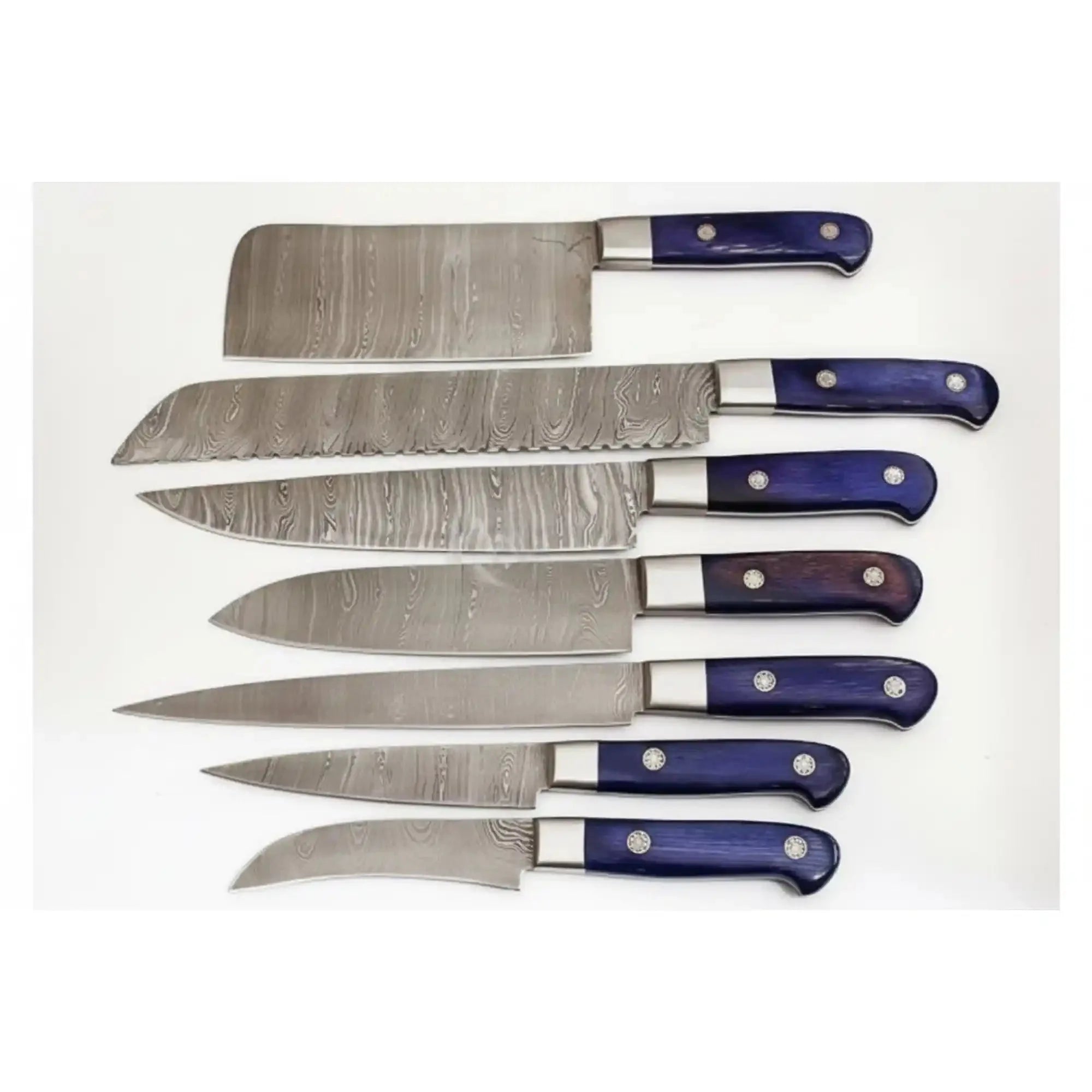 Handmade Damascus Kitchen Knife Set Purple Wood Handle Chef Santoku Cleaver Bread Fillet and Paring Knife Set Professional Cooking Knives JW SteelCrafts