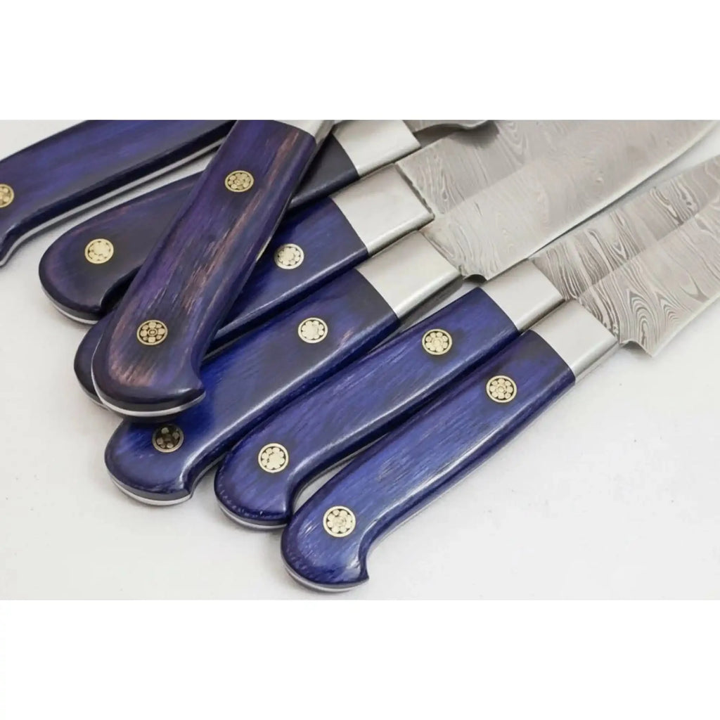Handmade Damascus Kitchen Knife Set Purple Wood Handle Chef Santoku Cleaver Bread Fillet and Paring Knife Set Professional Cooking Knives JW SteelCrafts
