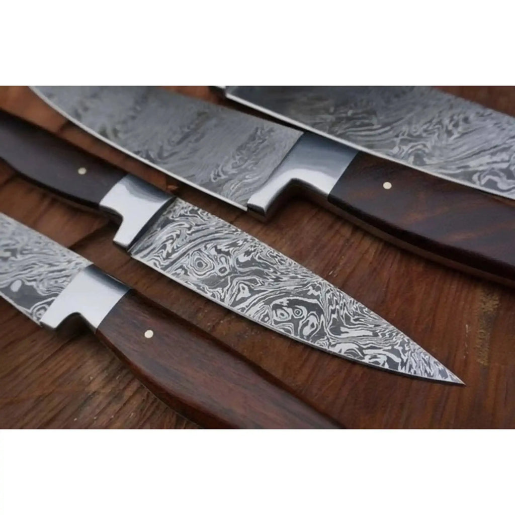 Handmade Damascus Kitchen Knife Set Walnut Wood Handle Chef Santoku Utility and Paring Knife Set Professional Cooking Knives JW SteelCrafts