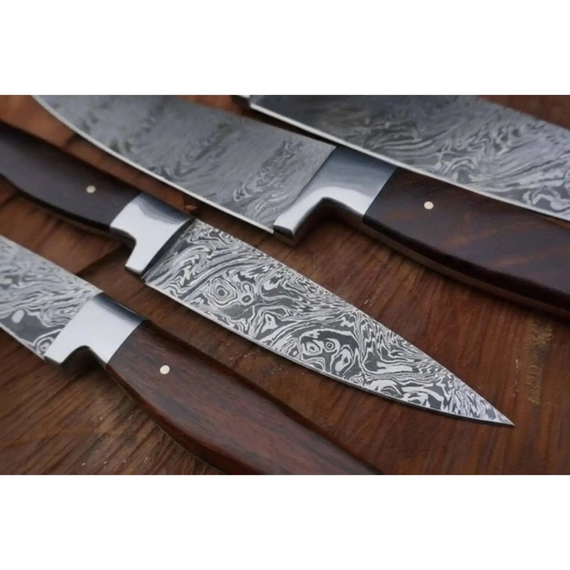 Handmade Damascus Kitchen Knife Set Walnut Wood Handle Chef Santoku Utility and Paring Knife Set Professional Cooking Knives JW SteelCrafts