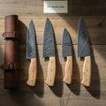 Handmade Damascus Kitchen Knife Set with Chef Knife, Santoku, Utility and Paring Knife, Olive Wood Handles, Leather Roll Included, JW SteelCrafts