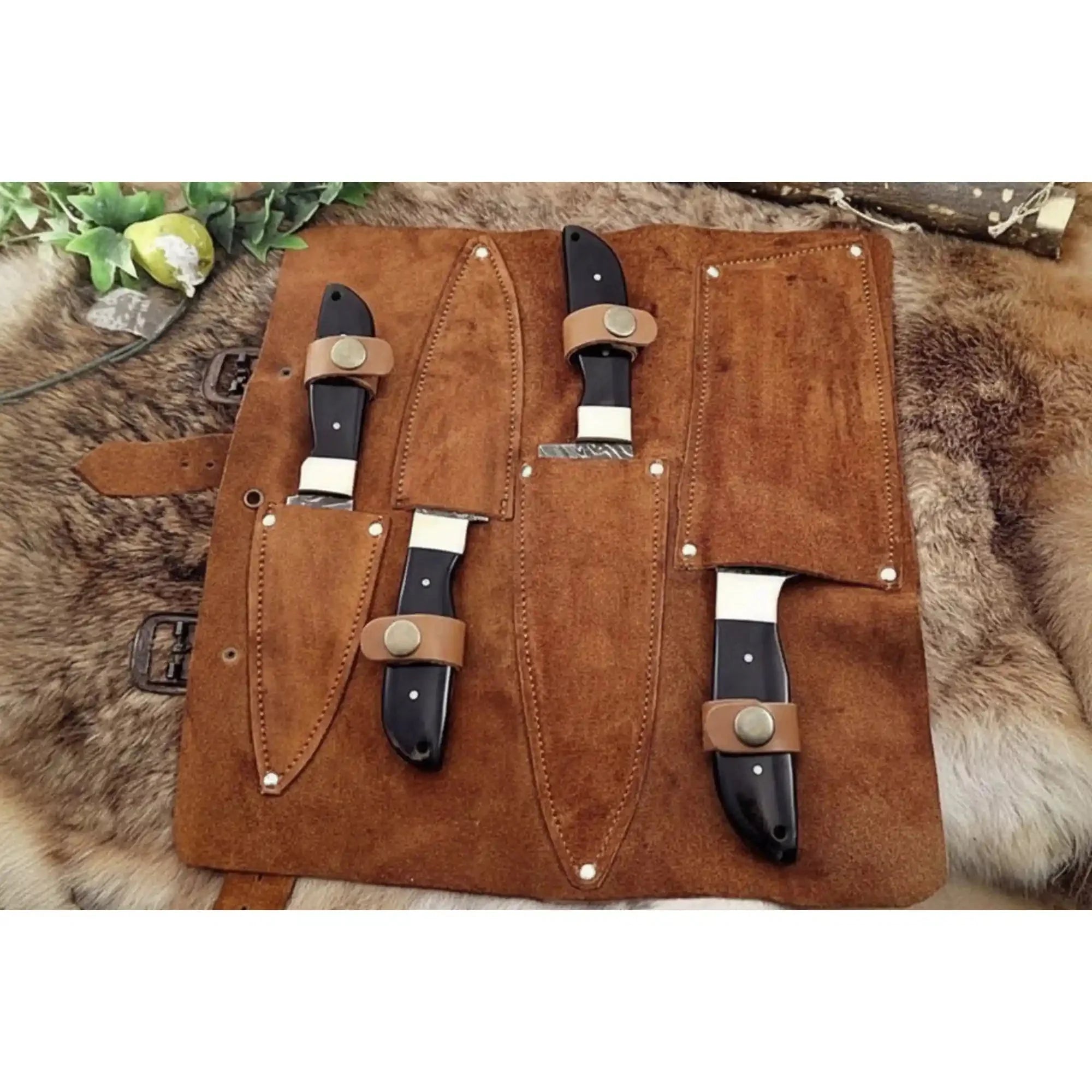 Handmade Damascus Kitchen Knife Set with Cleaver, Chef Knife, Utility and Paring Knife, Black Micarta Handles with Brass Bolsters, Leather Roll Included, JW SteelCrafts